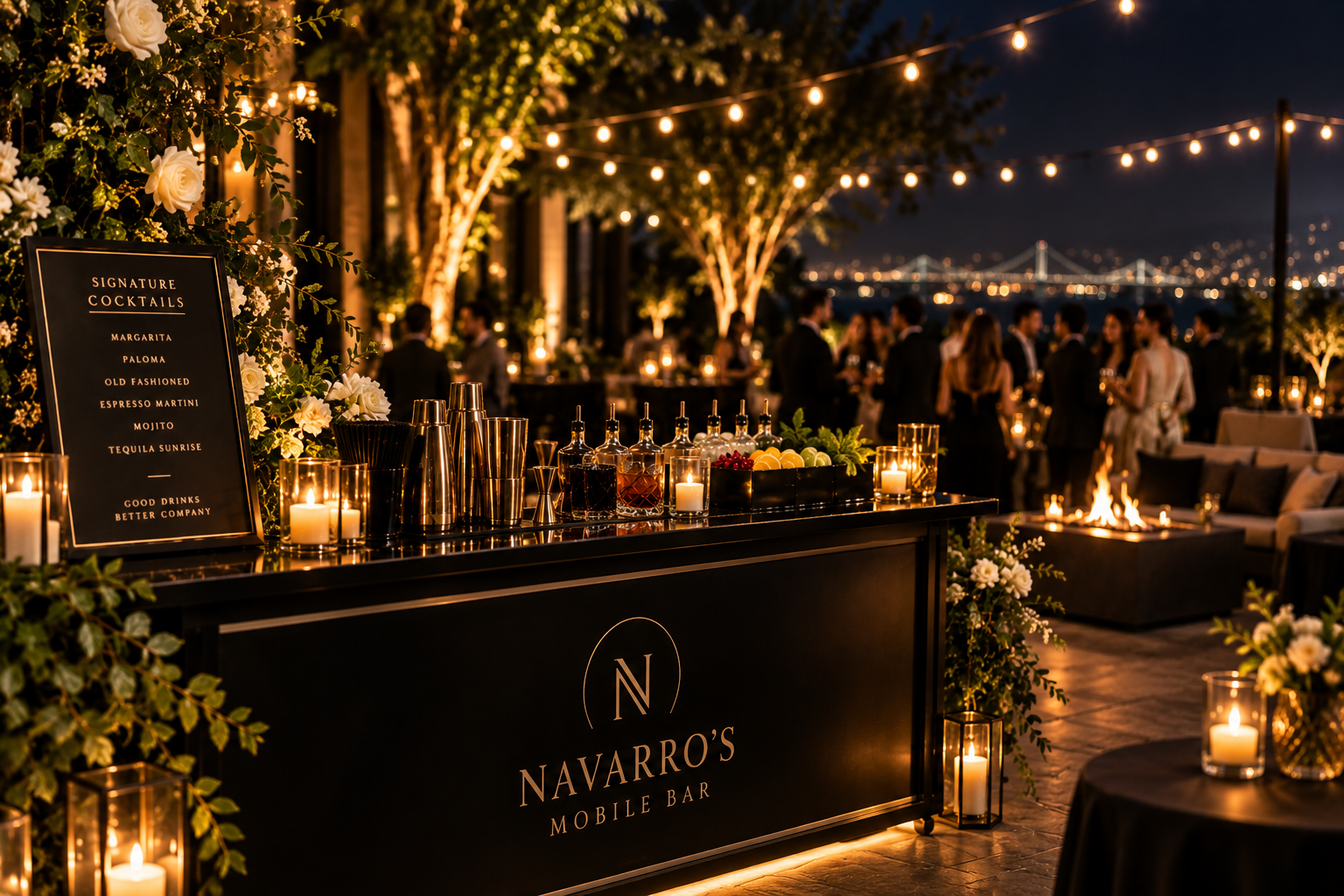 Elegant Navarro’s Mobile Bar setup at an outdoor evening celebration with string lights, cocktails, floral décor, and guests.