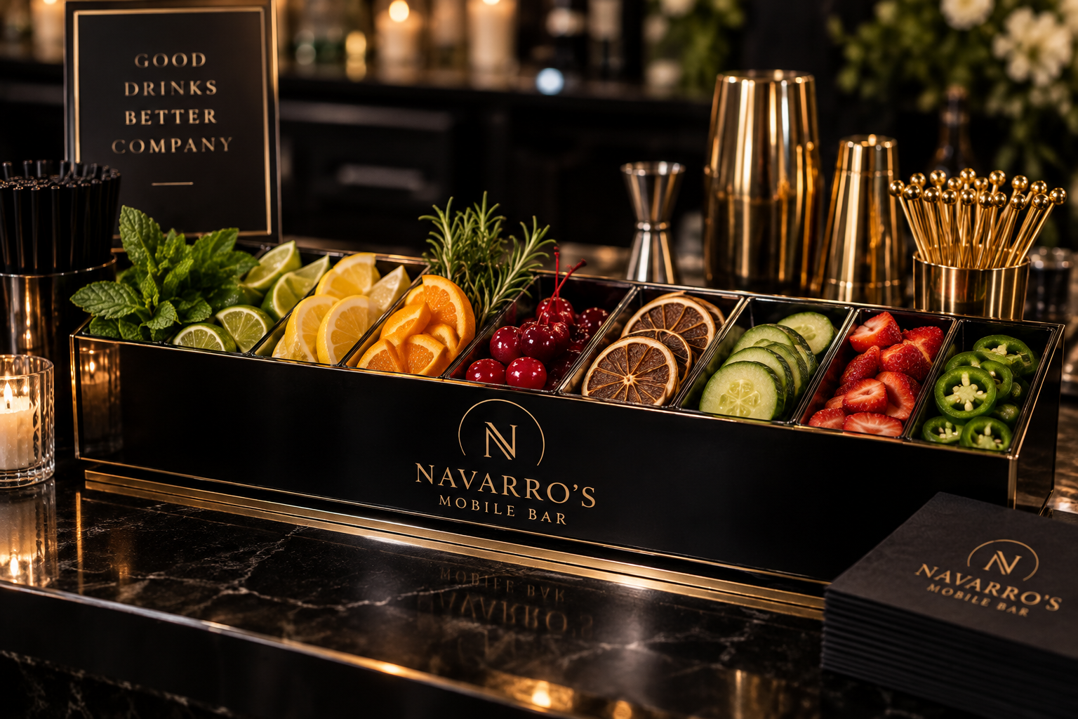 Navarro’s Mobile Bar garnish tray with fresh citrus, mint, cherries, dried oranges, cucumber, strawberries, and jalapeños.