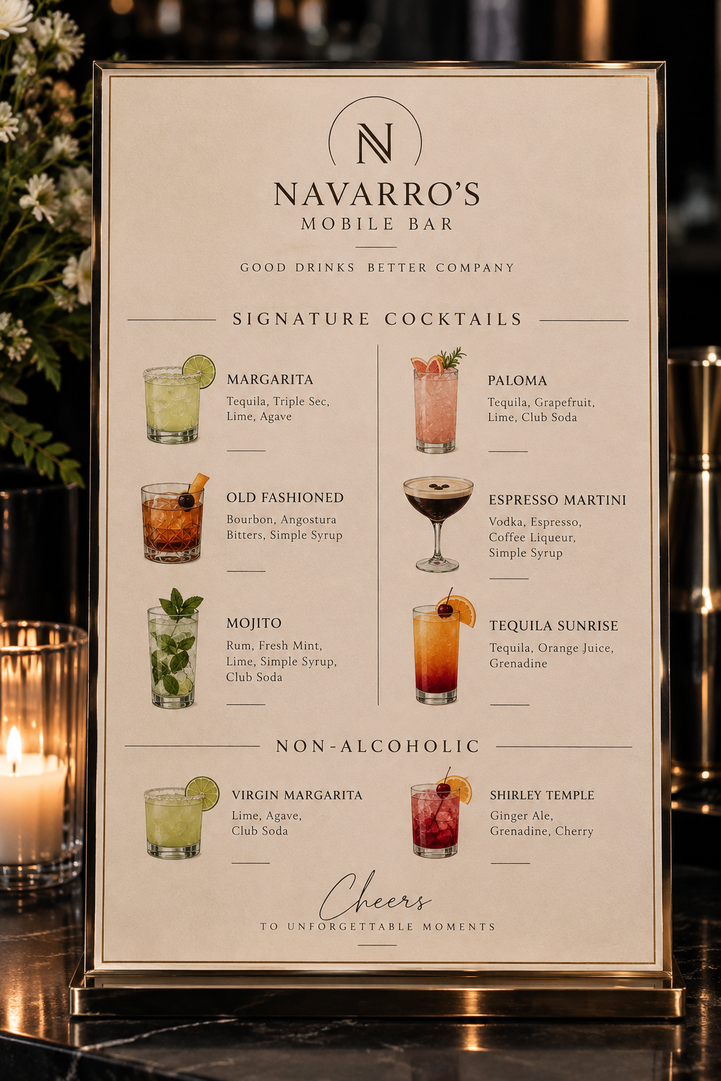 Navarro’s Mobile Bar signature cocktail menu featuring margarita, paloma, old fashioned, espresso martini, mojito, tequila sunrise, virgin margarita, and Shirley Temple.